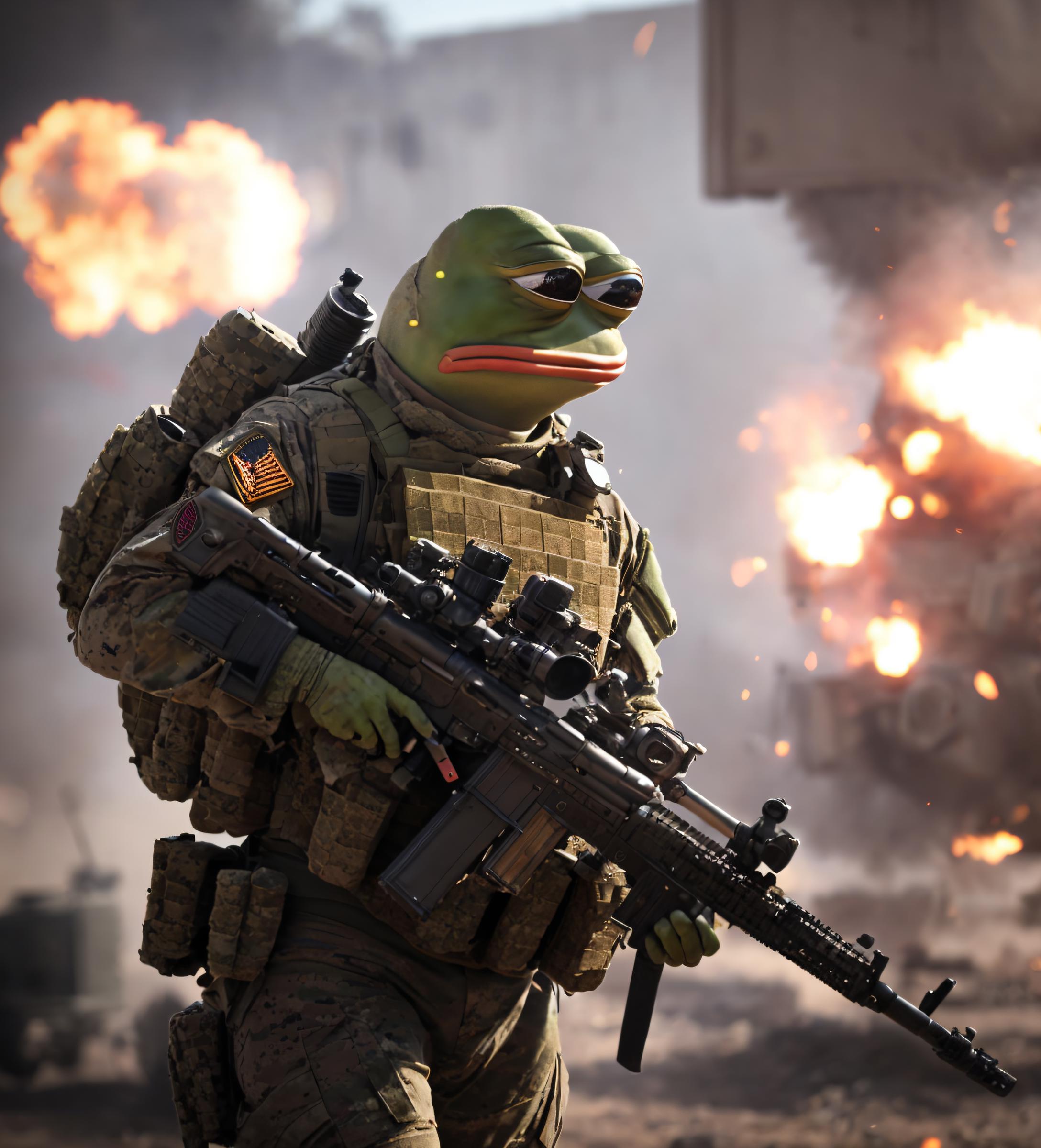 A soldier with a gun and a frog on his face.