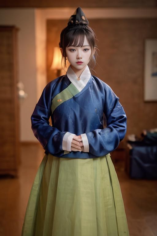 An Asian woman wearing a blue dress and a white belt poses in a room.