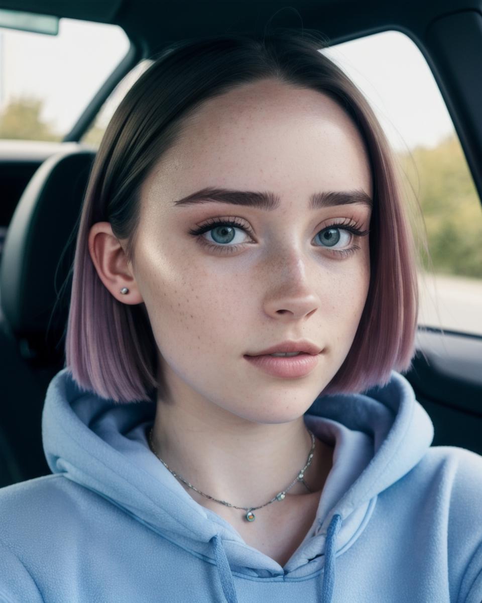 A woman with purple hair and blue eyes wearing a blue hoodie.