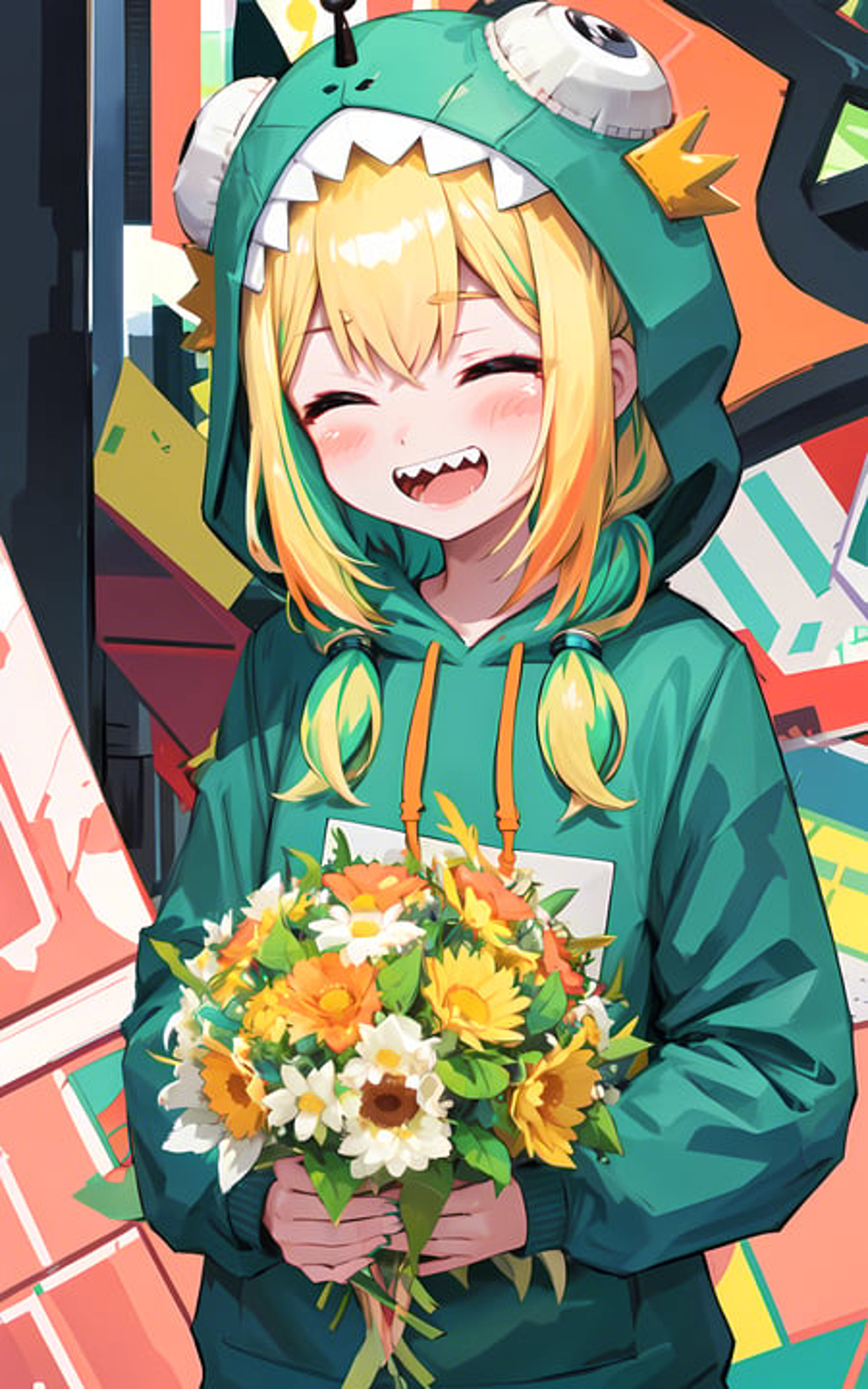 A smiling girl holding a bouquet of flowers and wearing a green hoodie.