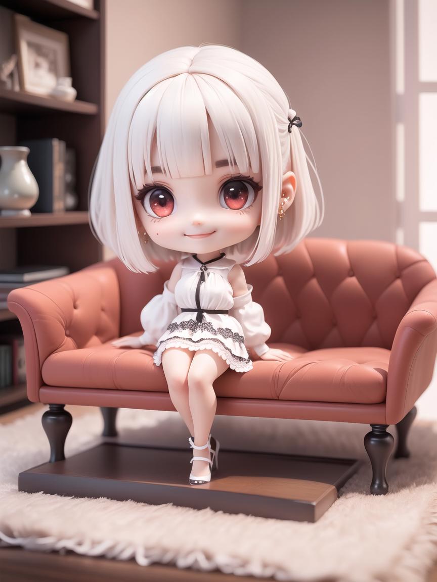 A doll is sitting on a couch in a living room, surrounded by books.