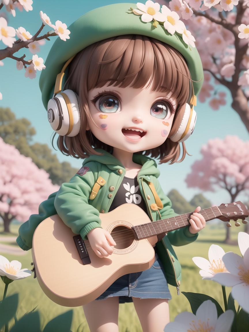 A digital artwork of a little girl playing a guitar.