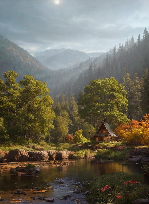 A picturesque scene of a cabin surrounded by trees and a river, with a mountain in the background.
