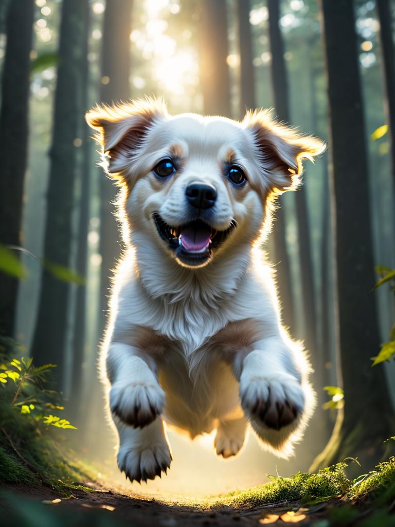 A happy dog jumping in the woods with trees in the background.