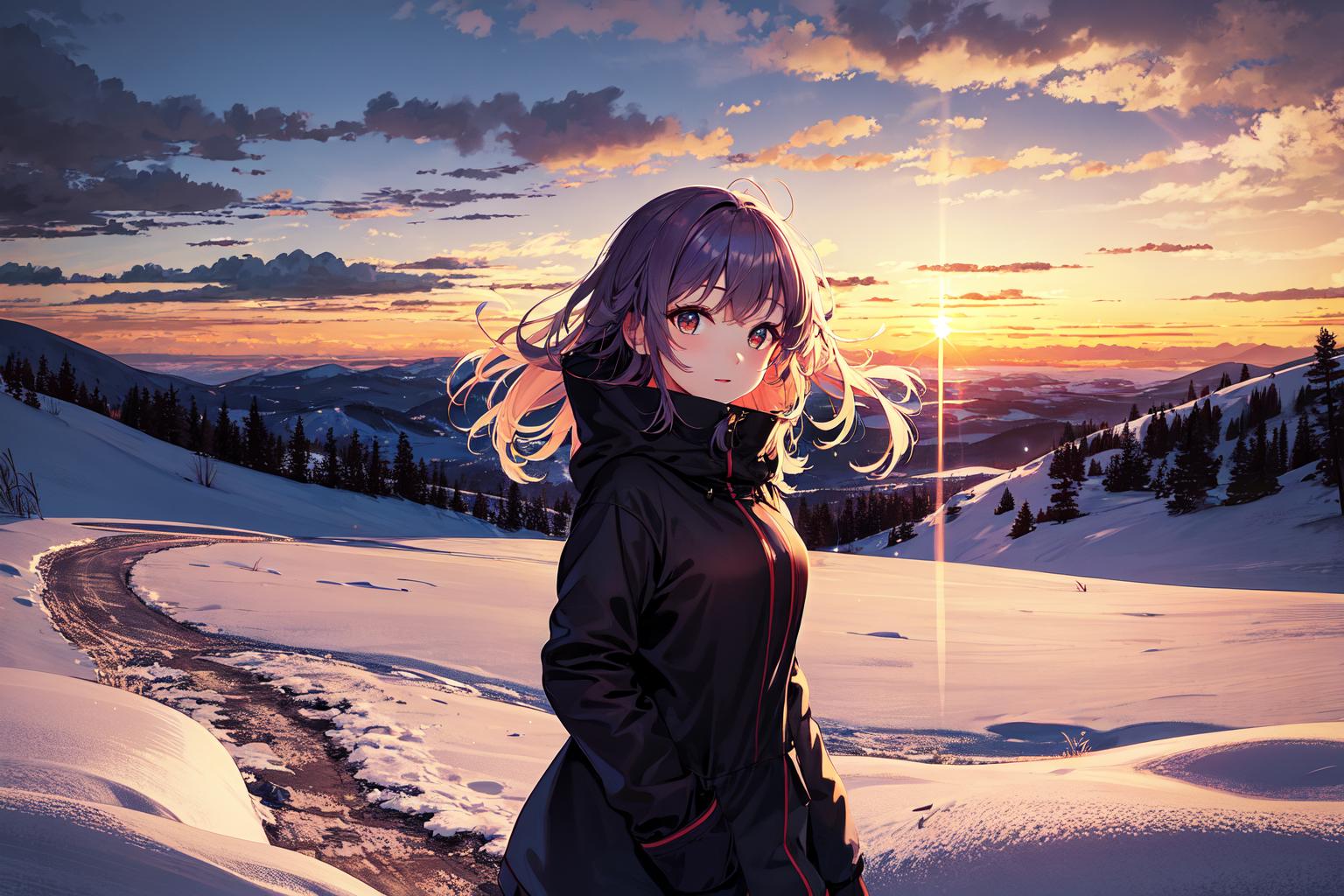 A woman with purple hair in a black jacket standing on a snowy mountain top.