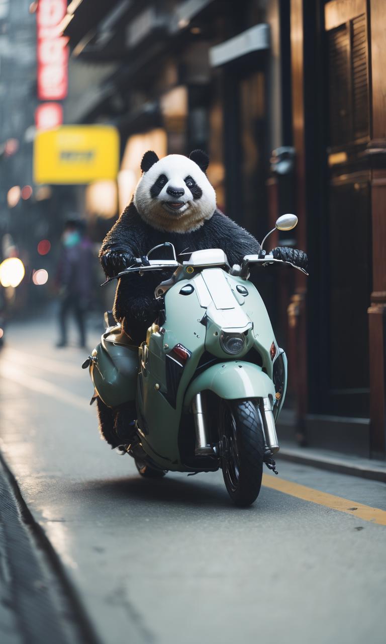 A Panda Bear on a Green Scooter Riding on a Street