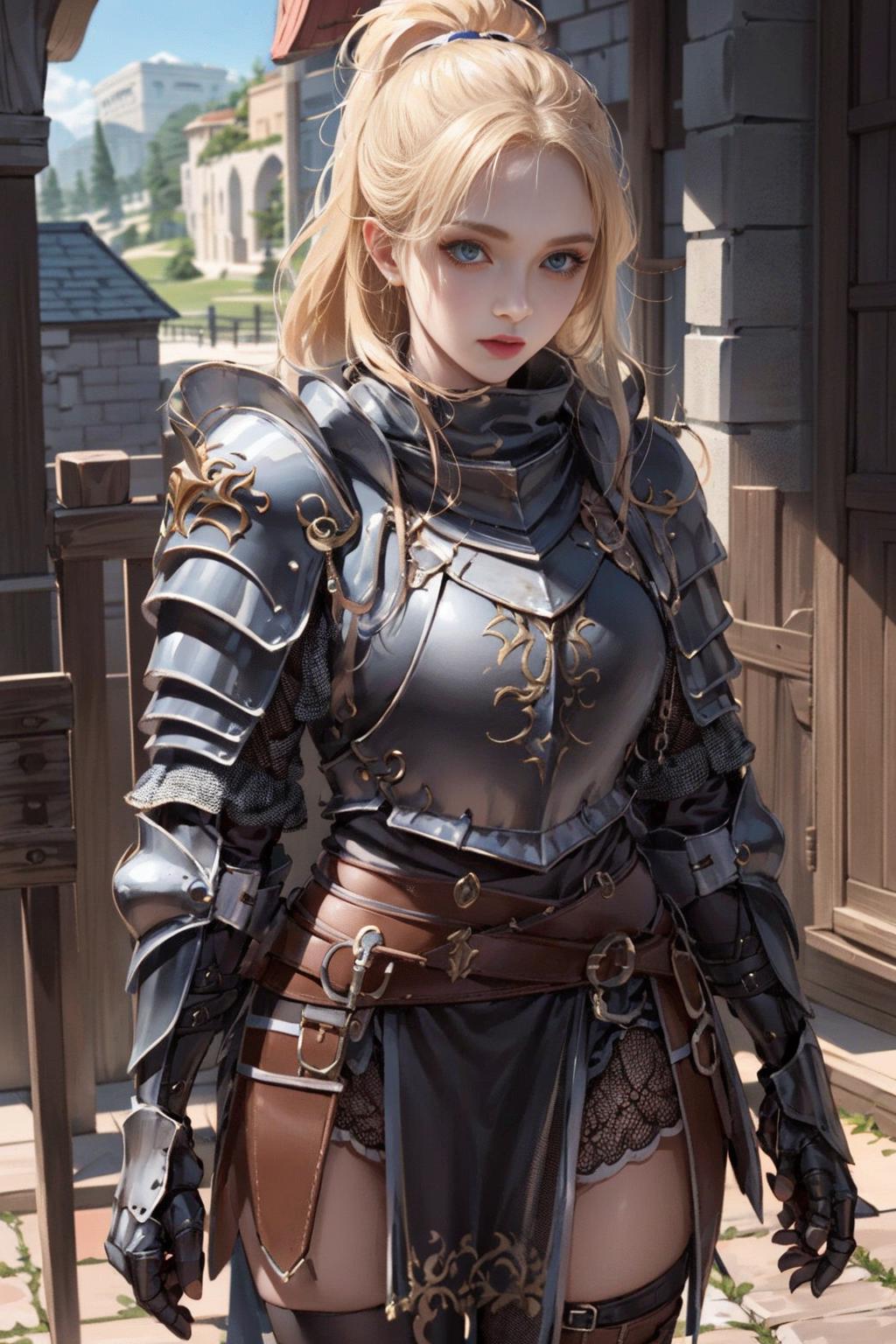 A fantasy warrior with blonde hair and blue eyes wearing a medieval armor and standing near a wooden fence.