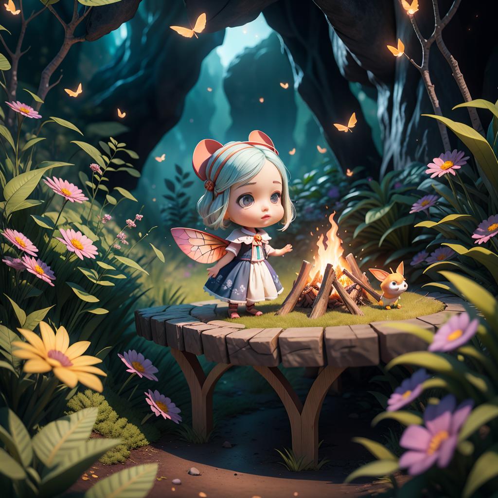 A little girl doll with blue hair and a fairy dress sits at a campfire in a forest scene.