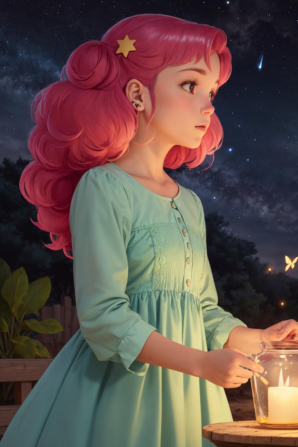 A Pink-Haired Girl in a Blue Dress Staring at the Stars at Night.