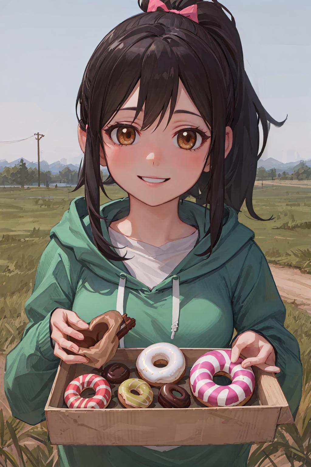 A young girl holding a tray of donuts and posing for a picture.