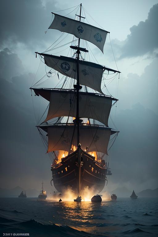 A large sailing ship with a fire on board.
