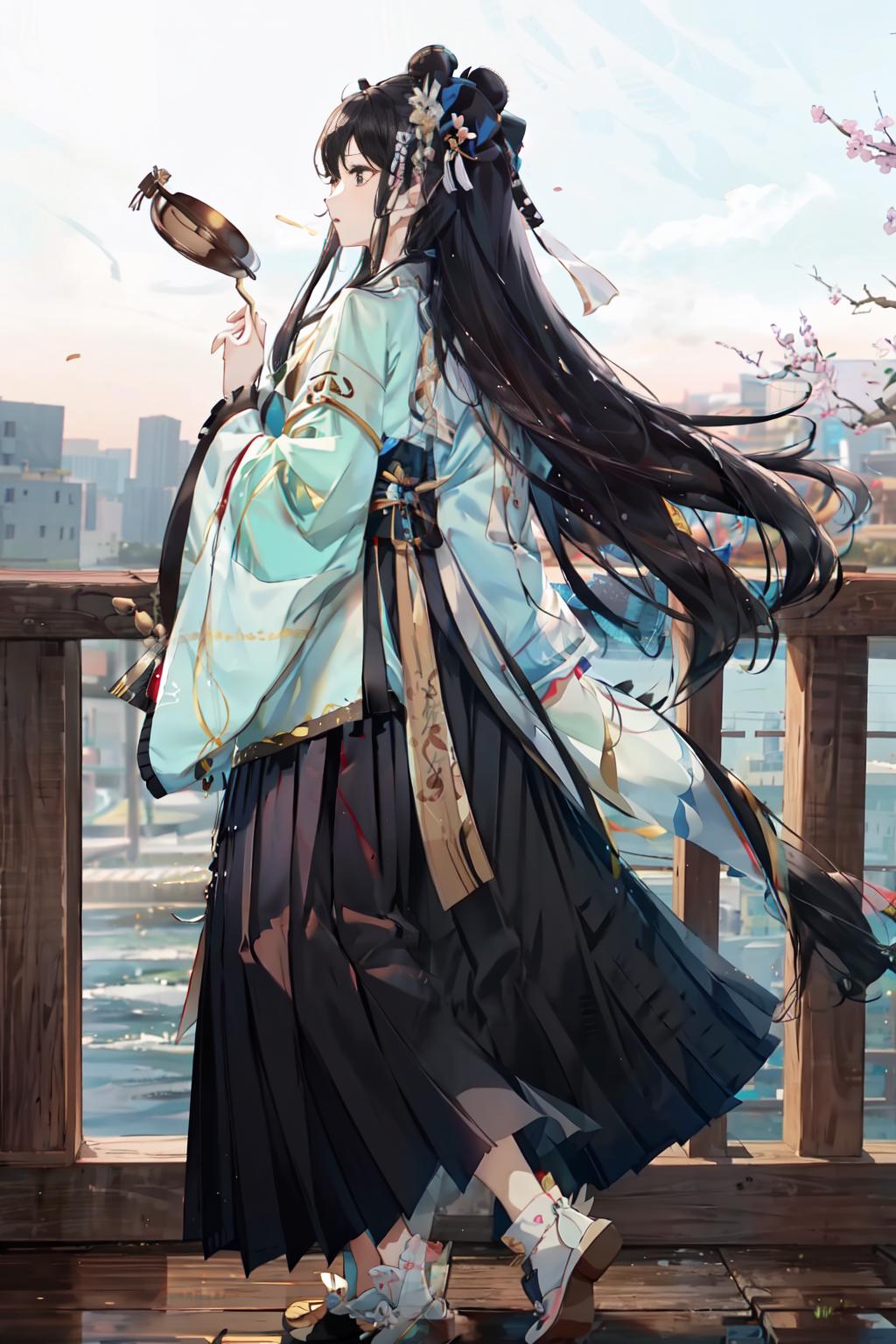 A young woman wearing a blue kimono with a black skirt and black hair is standing on a bridge overlooking the water. She is holding a fan in her hand as she enjoys the view.