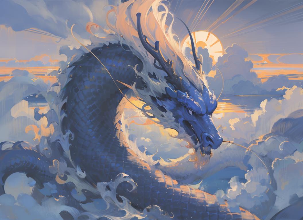Colorful and detailed dragon artwork with clouds in the background.