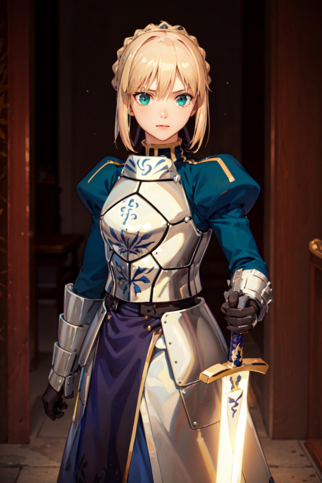 A cartoonish girl in knight's armor holding a sword.