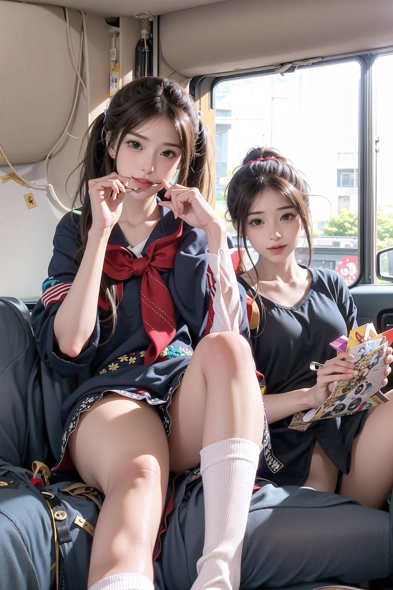 The two beautiful girls are sitting on the back of a bus.
