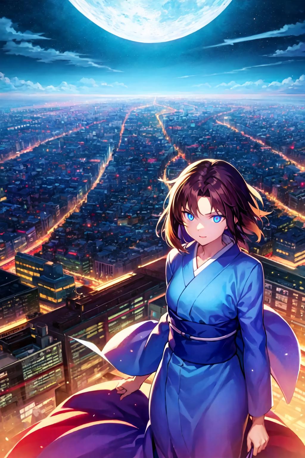 Anime-style illustration of a woman in a blue and white kimono standing in front of a large cityscape at night.