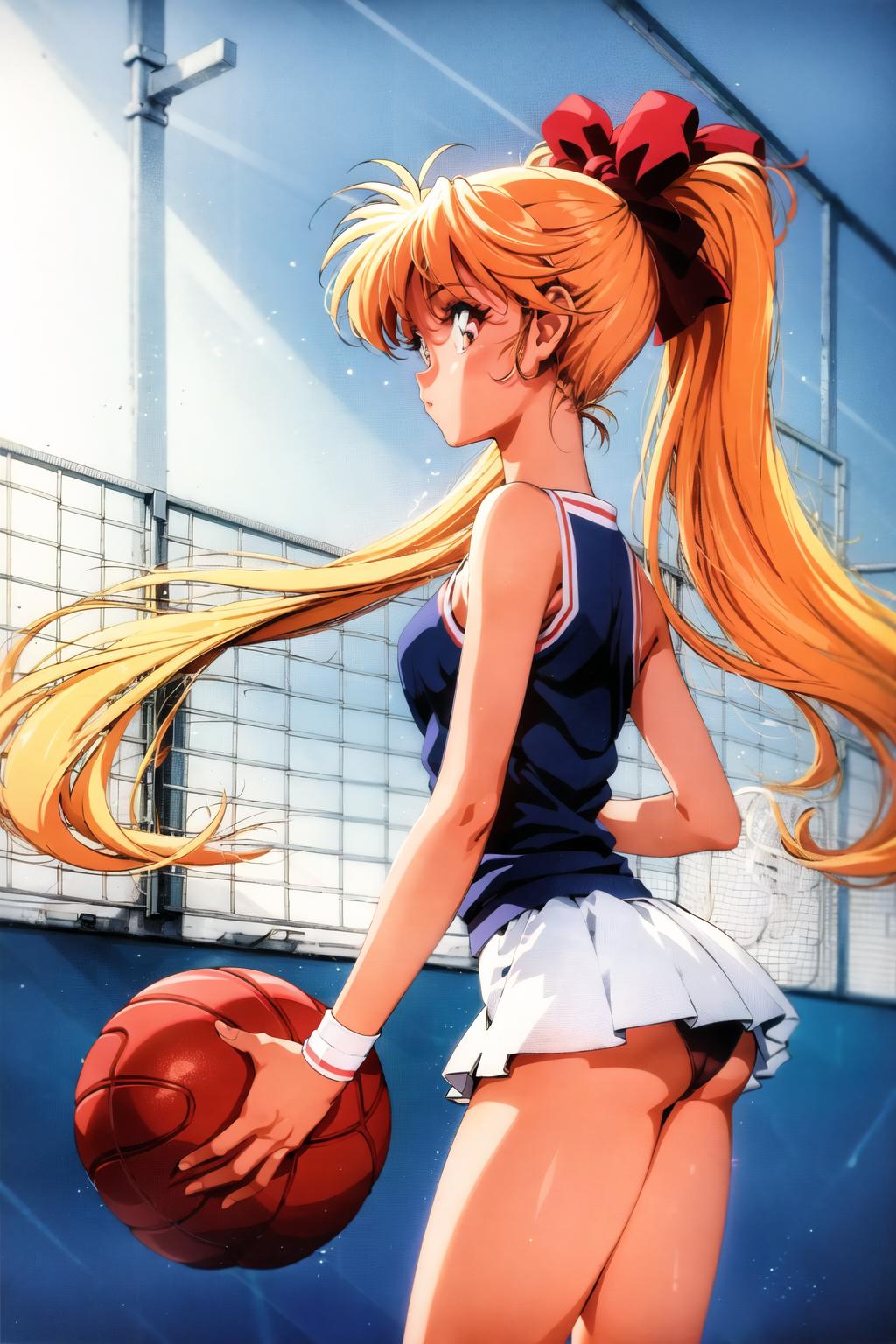 Anime girl holding a basketball while wearing a blue and red uniform.
