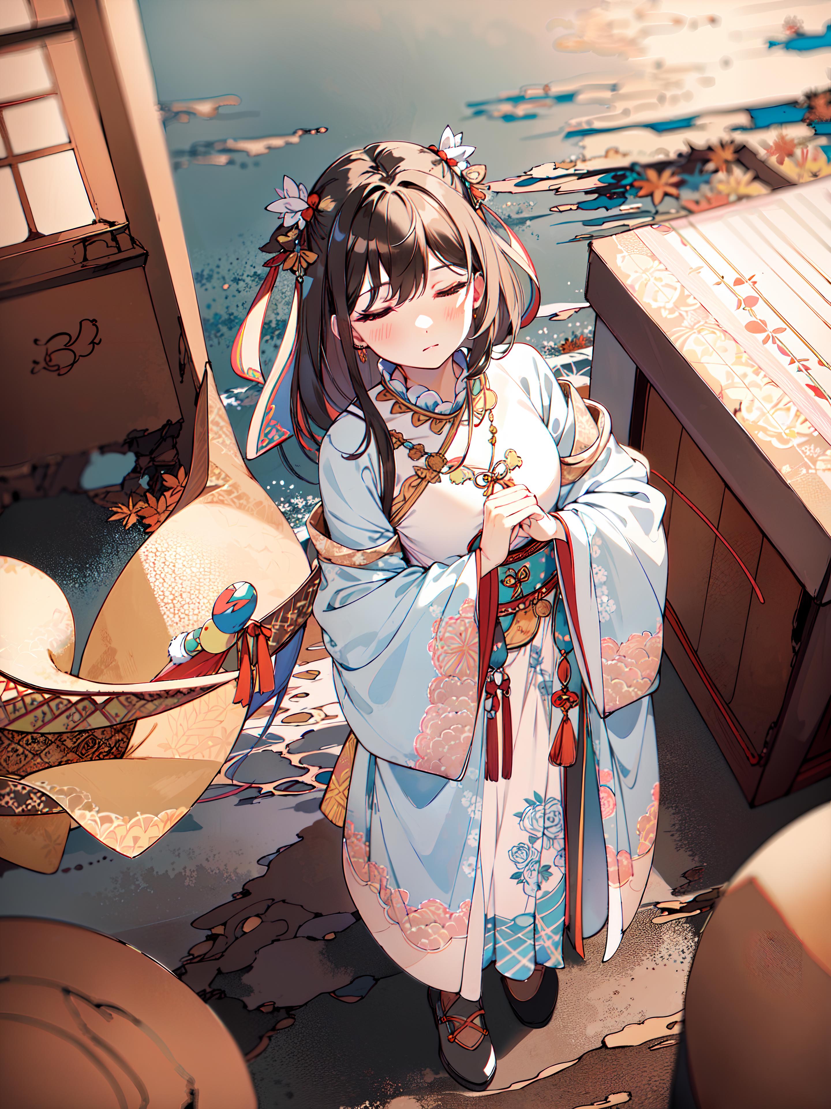 Anime Cartoon Woman in Traditional Asian Dress with Long Hair and Bird Feathers