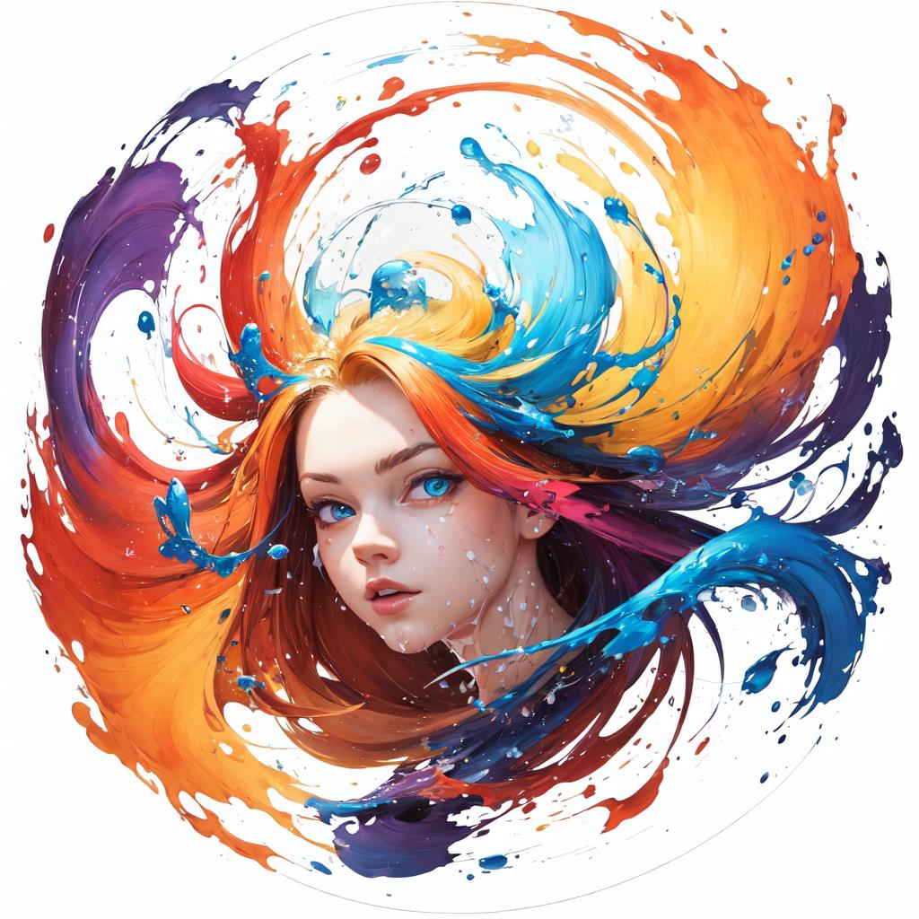 A colorful painting of a woman with blue eyes, red hair, and a blue and orange background.