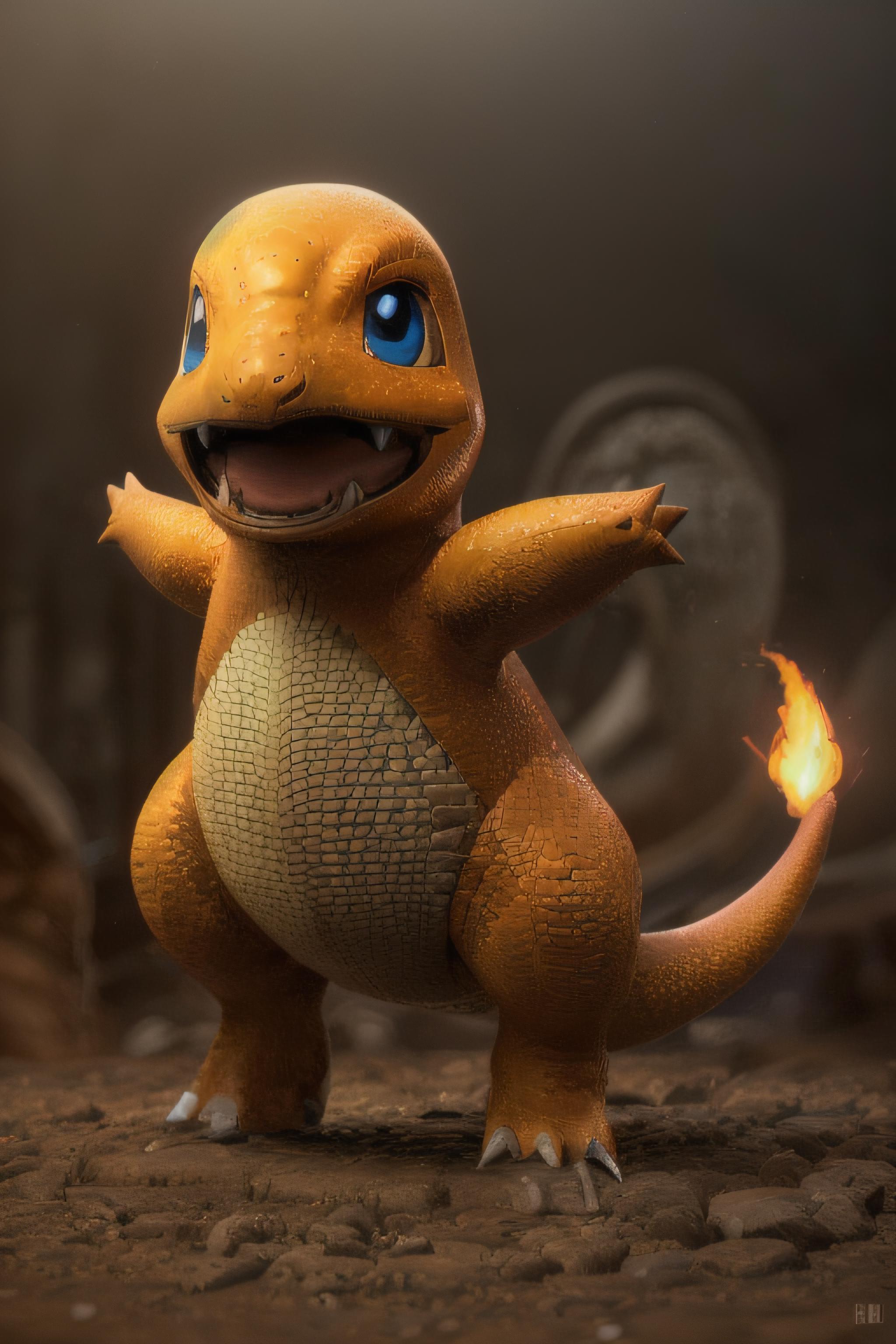 A cartoon orange and white character, possibly a Pokemon, with a fiery tail.