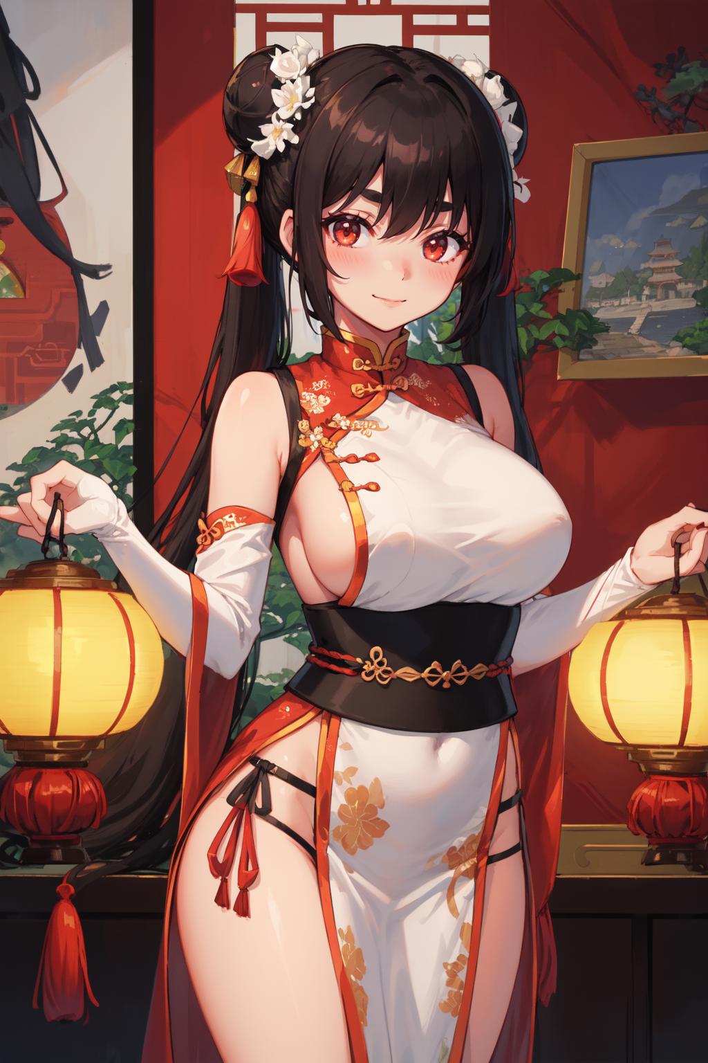 Anime character wearing a red dress with a lantern.