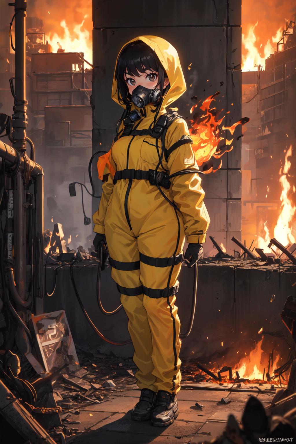 A woman wearing a yellow hazmat suit standing in front of a fire.