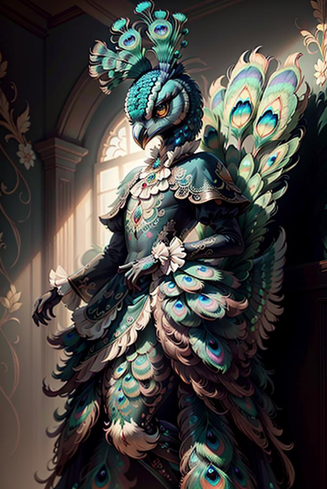 A Peacock-Inspired Fantasy Costume with Feathers and Jewels