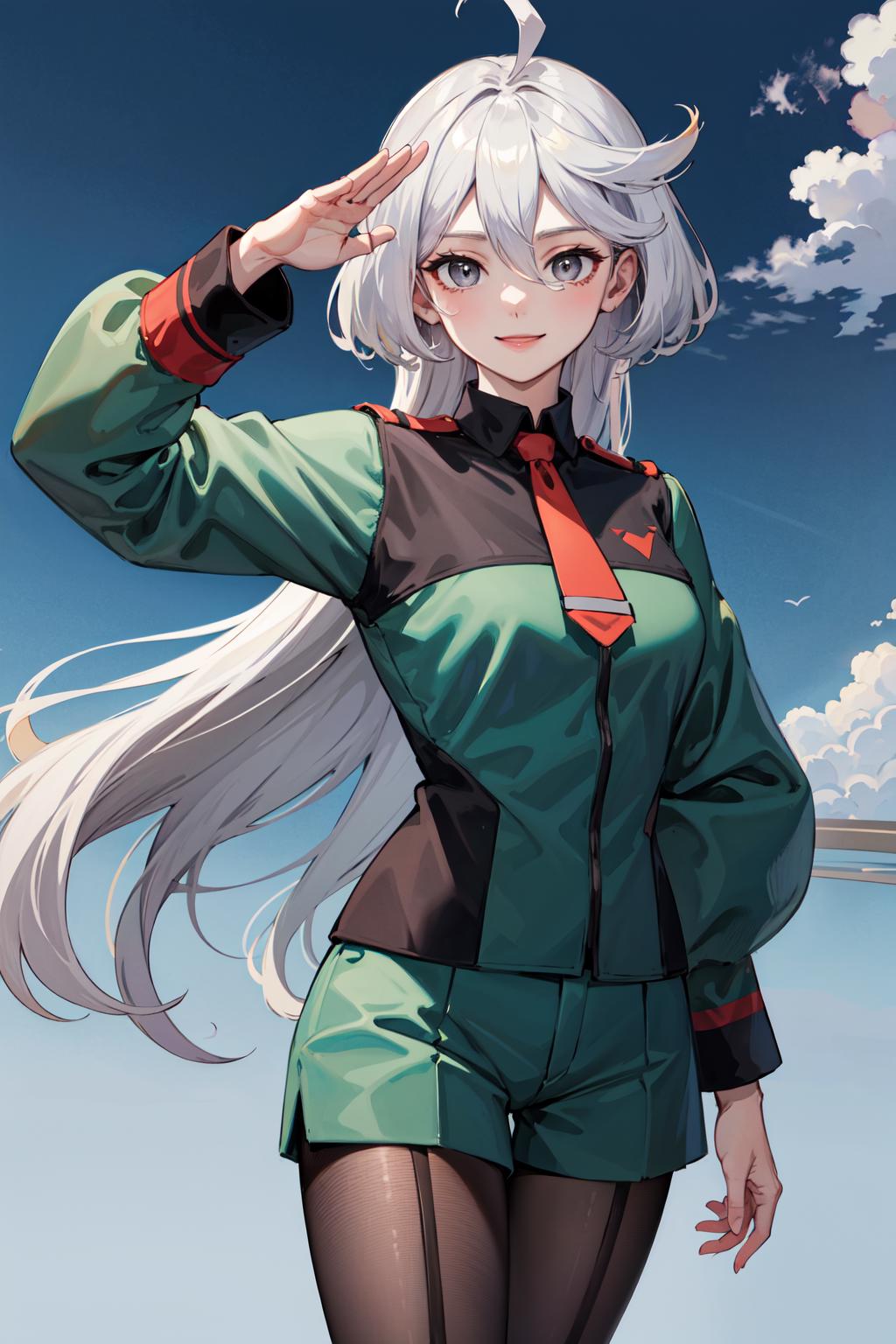 Cartoon Illustration of a Woman in Green Uniform, with Red and Black Accents and White Hair.