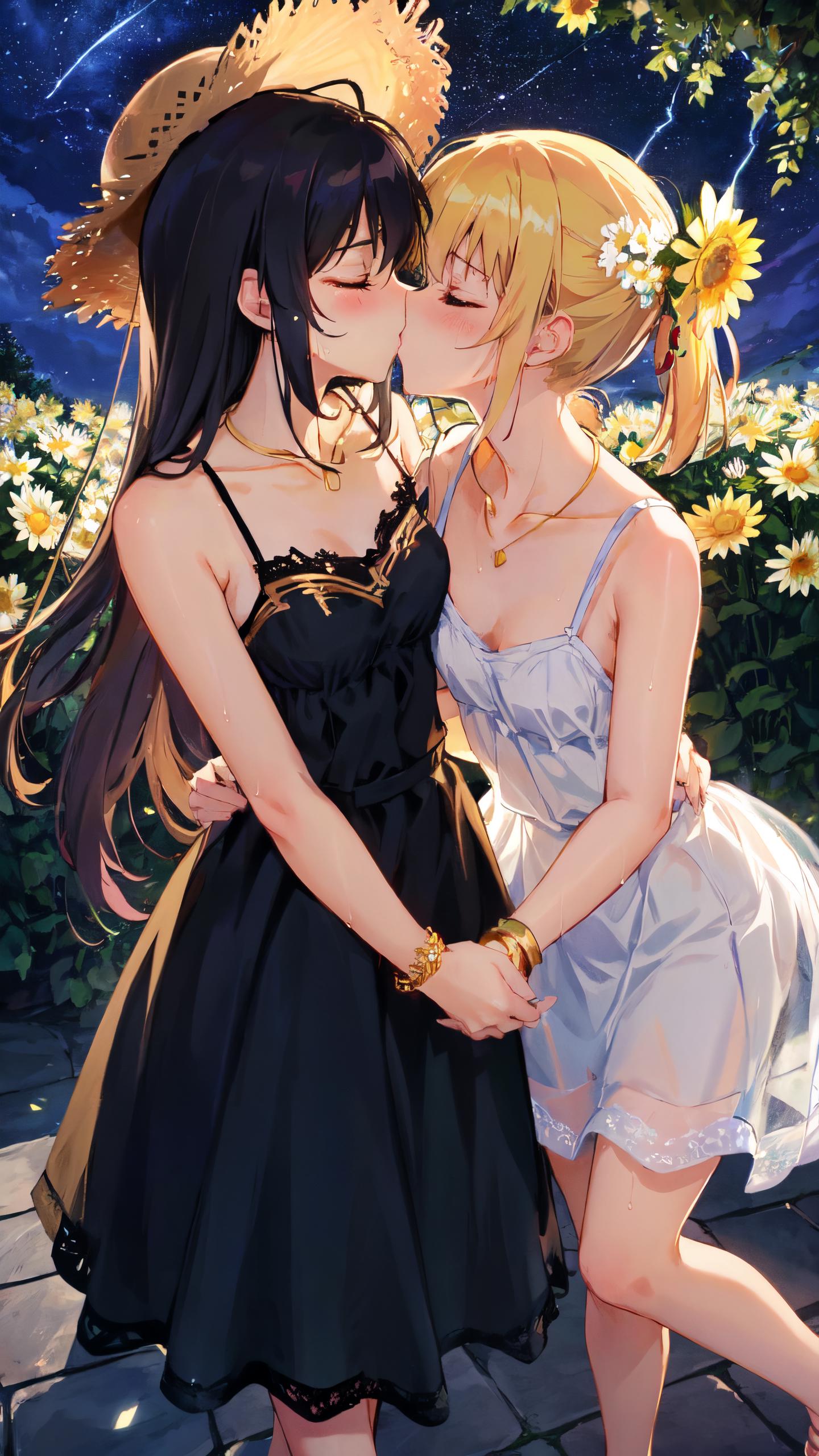 Two girls with long hair wearing dresses in a field of flowers.