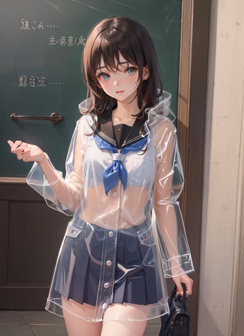 A girl in a white shirt and blue tie with a clear raincoat.