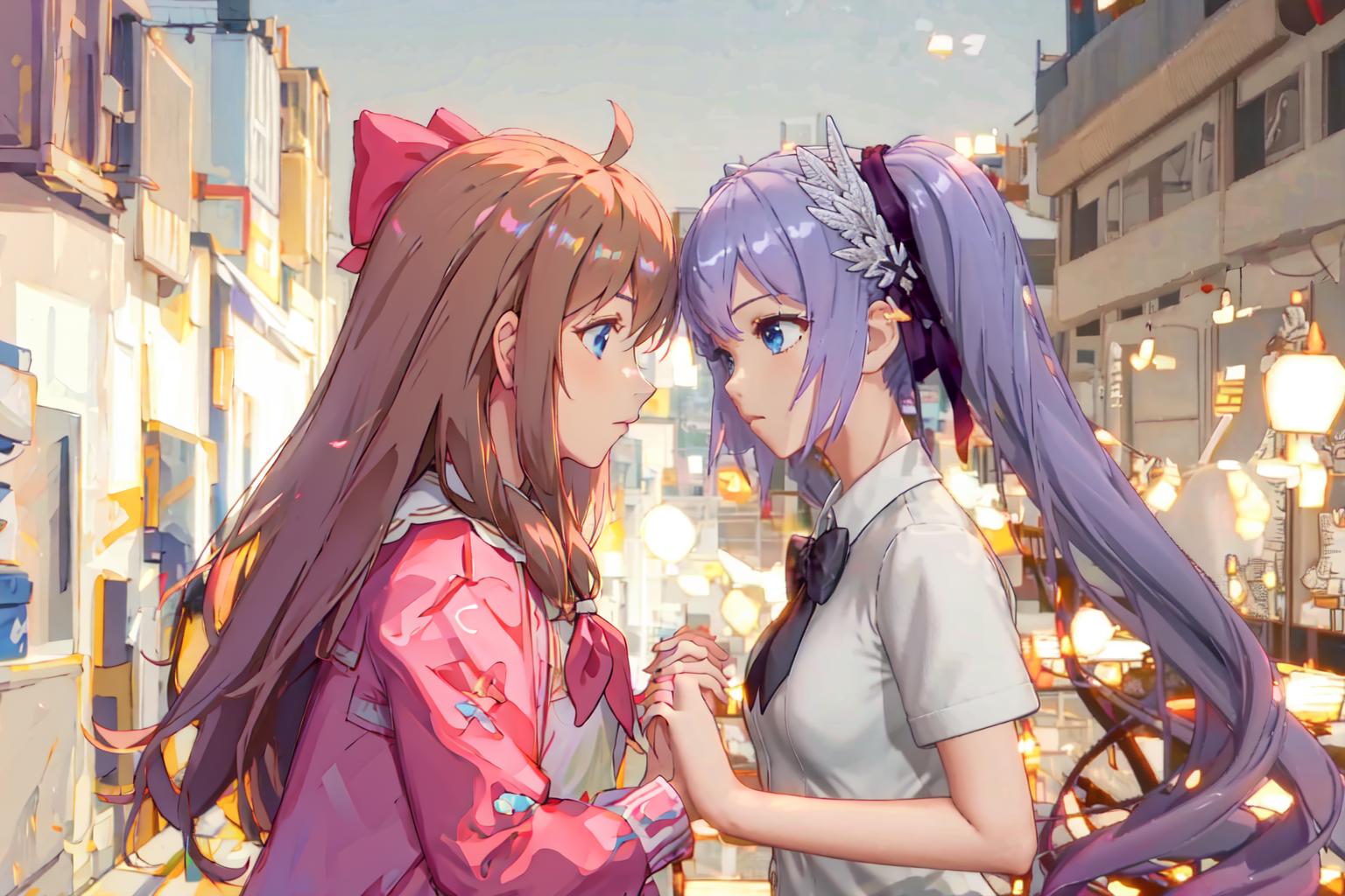 Two anime characters holding hands in a city scene.