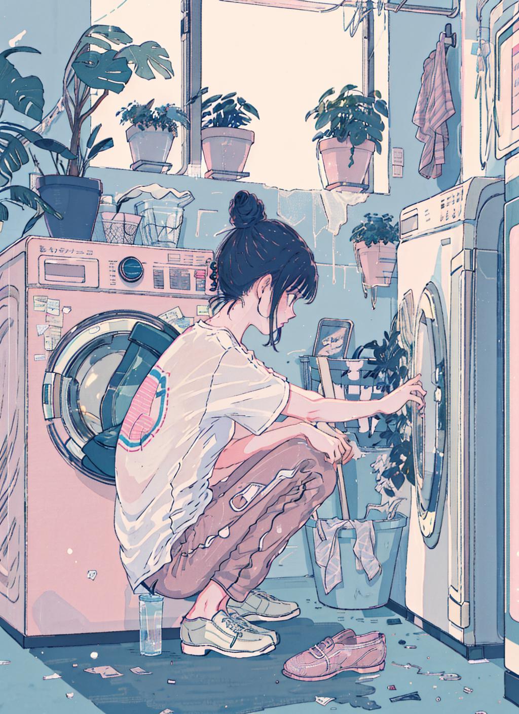 A woman in a pink shirt is kneeling down in front of a washing machine.