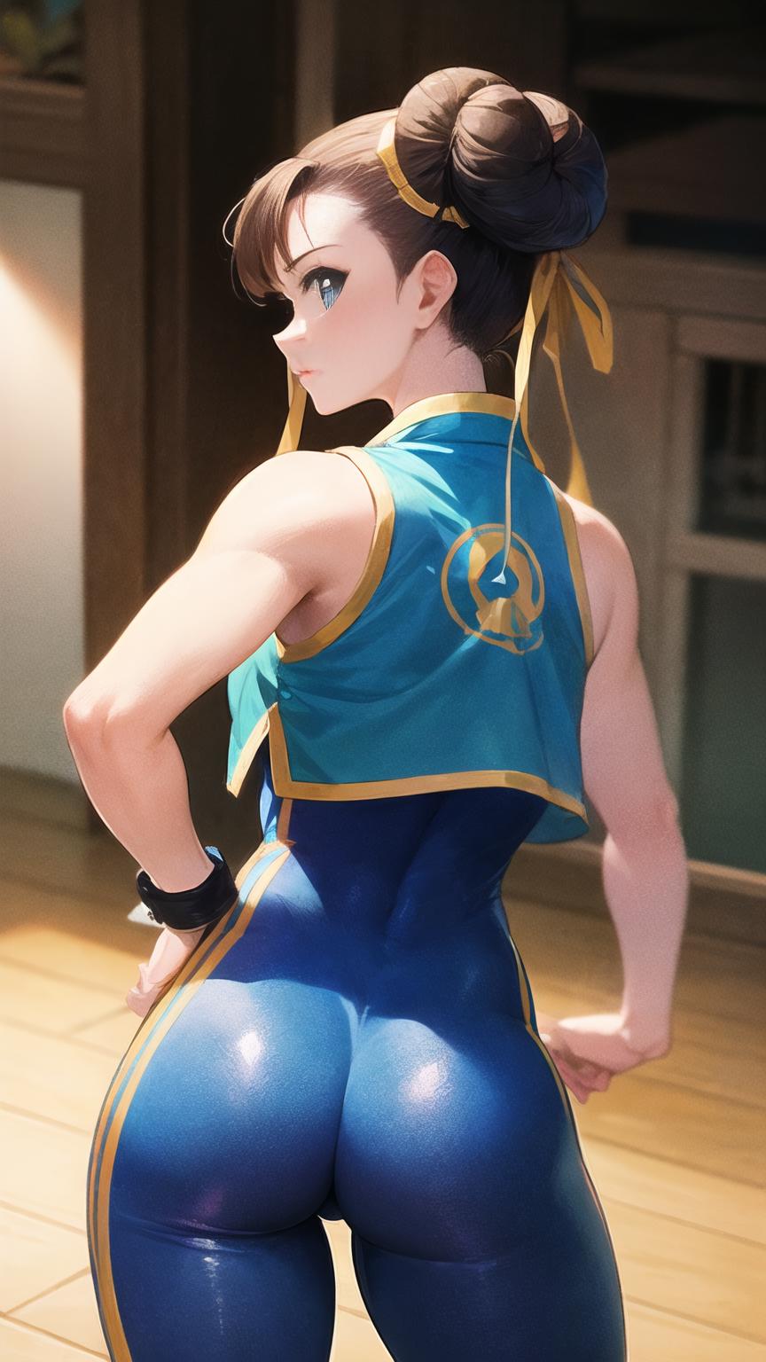 A woman with an anime style outfit that has a blue top and yellow bow.