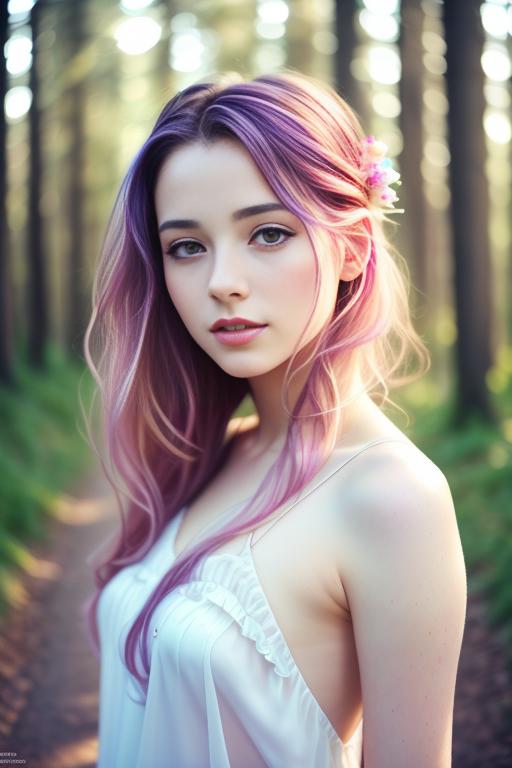 A young woman with pink hair and a white dress stands in the woods.