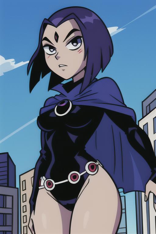 A cartoon drawing of a woman wearing a black and red costume, standing in front of a building.