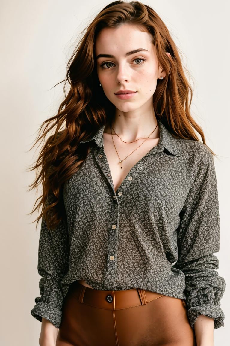 A woman wearing a button-up shirt with a necklace around her neck.