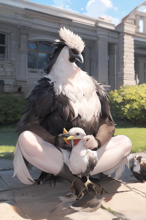 A large bird sits with a smaller bird in its lap.