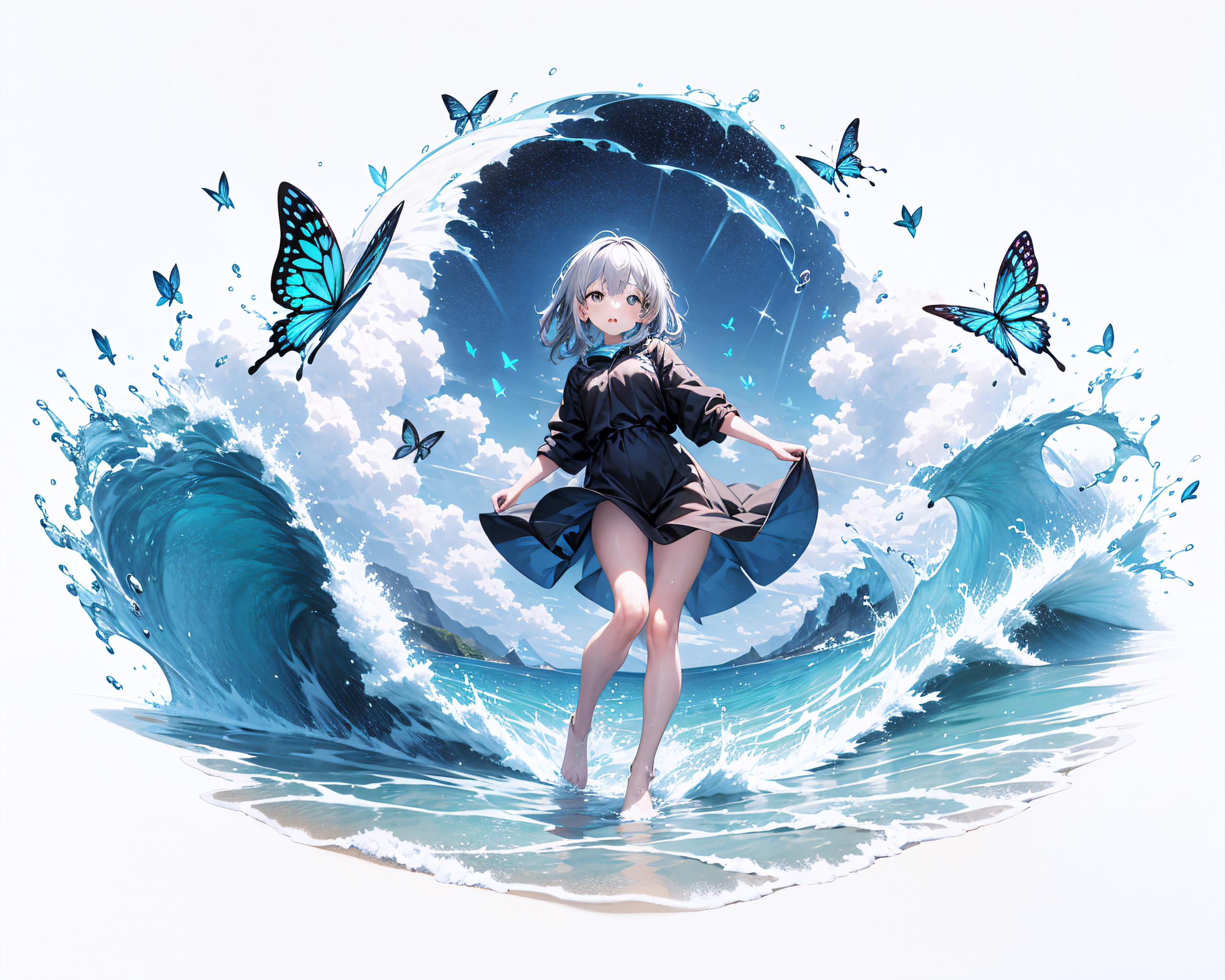 Anime girl with butterfly wings standing in the ocean.