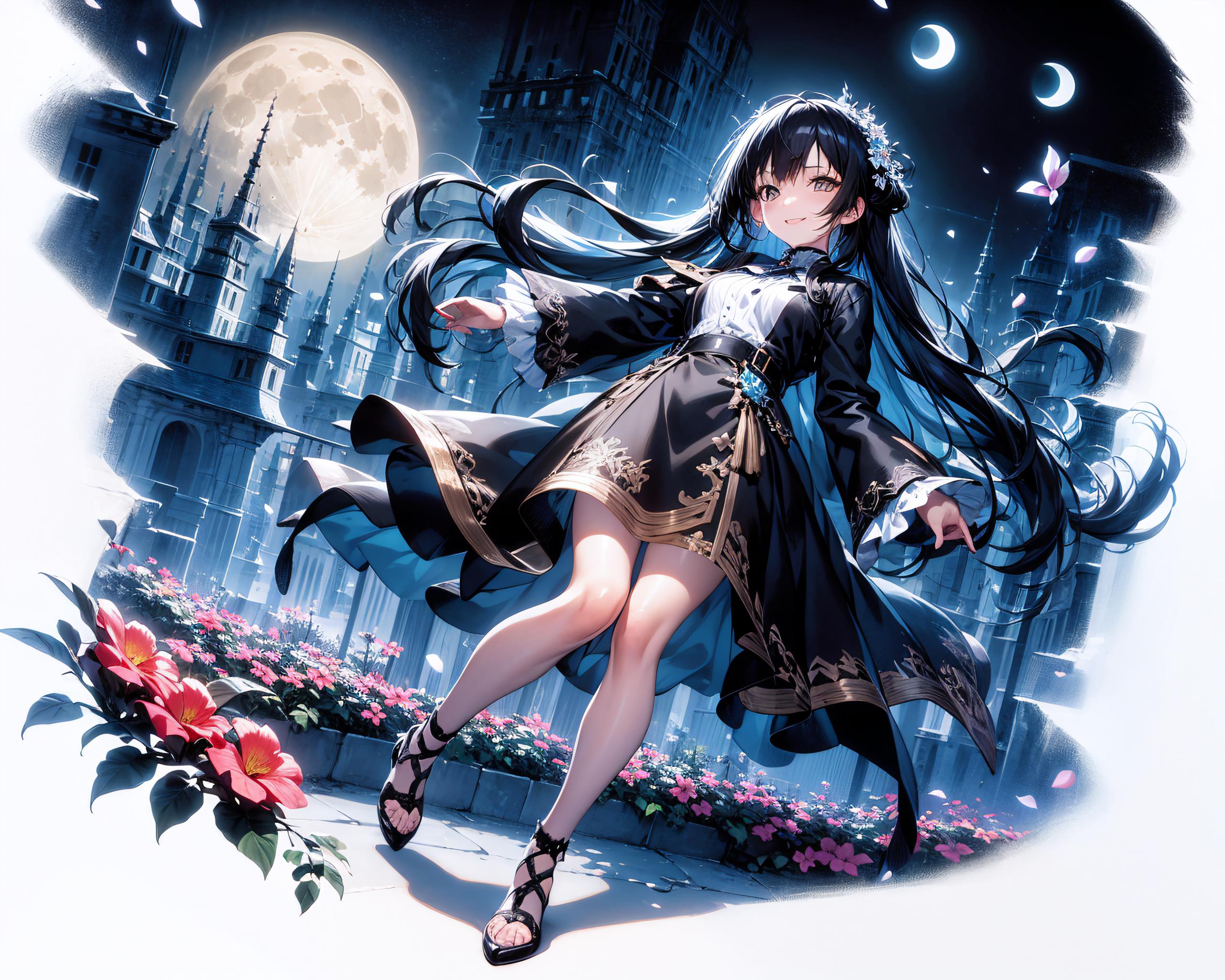 Anime girl with a blue dress and black hair looking up at the moon.