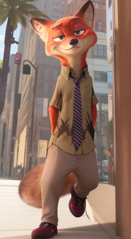 An animated character wearing a tie and standing in a city scene.
