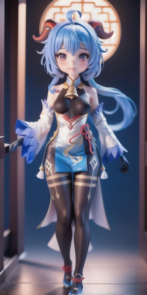 A doll dressed in an anime style blue dress with white accents stands in a dark room.