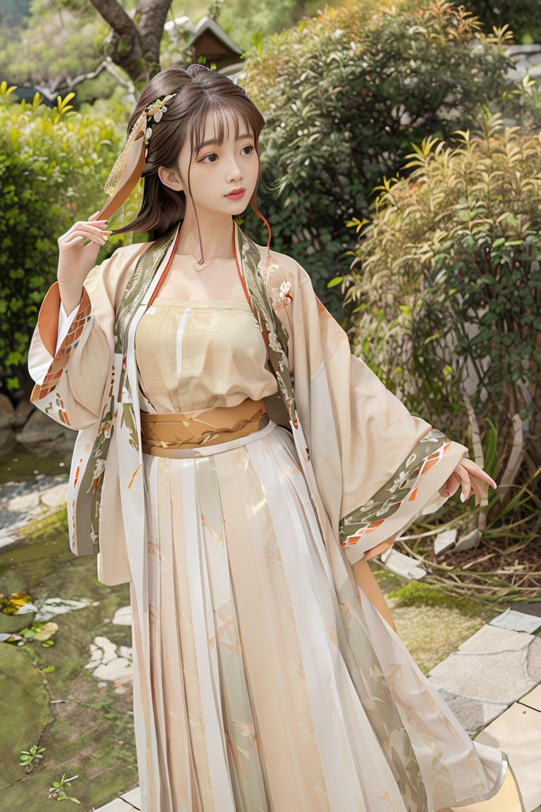 A woman wearing a white and gold kimono.