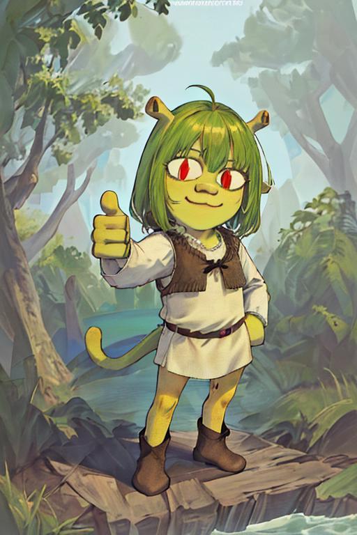 Cartoon character with green hair and a white outfit giving a thumbs up.
