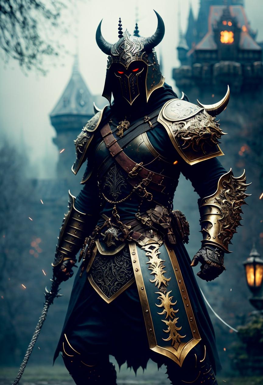 A man in a black and gold suit with a sword and a skull on his chest.