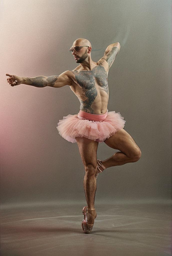 Man in Pink Tutu and Body Tattoos Posing on Stage