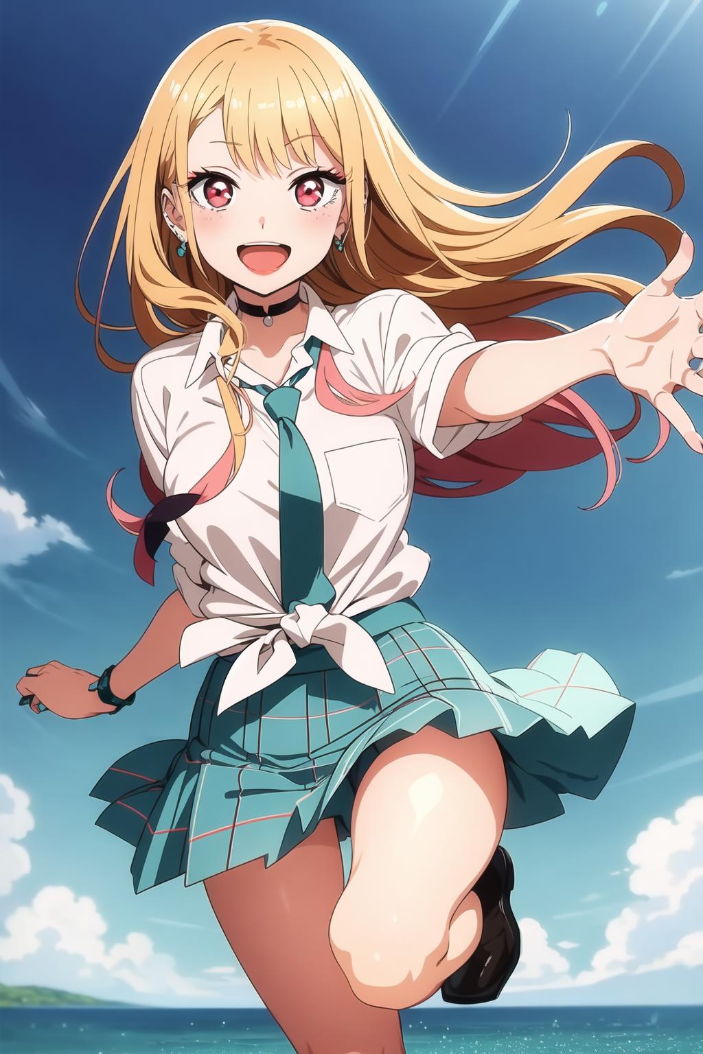 Anime Girl with Pigtails, a Blue Plaid Skirt, and a Blue Tie