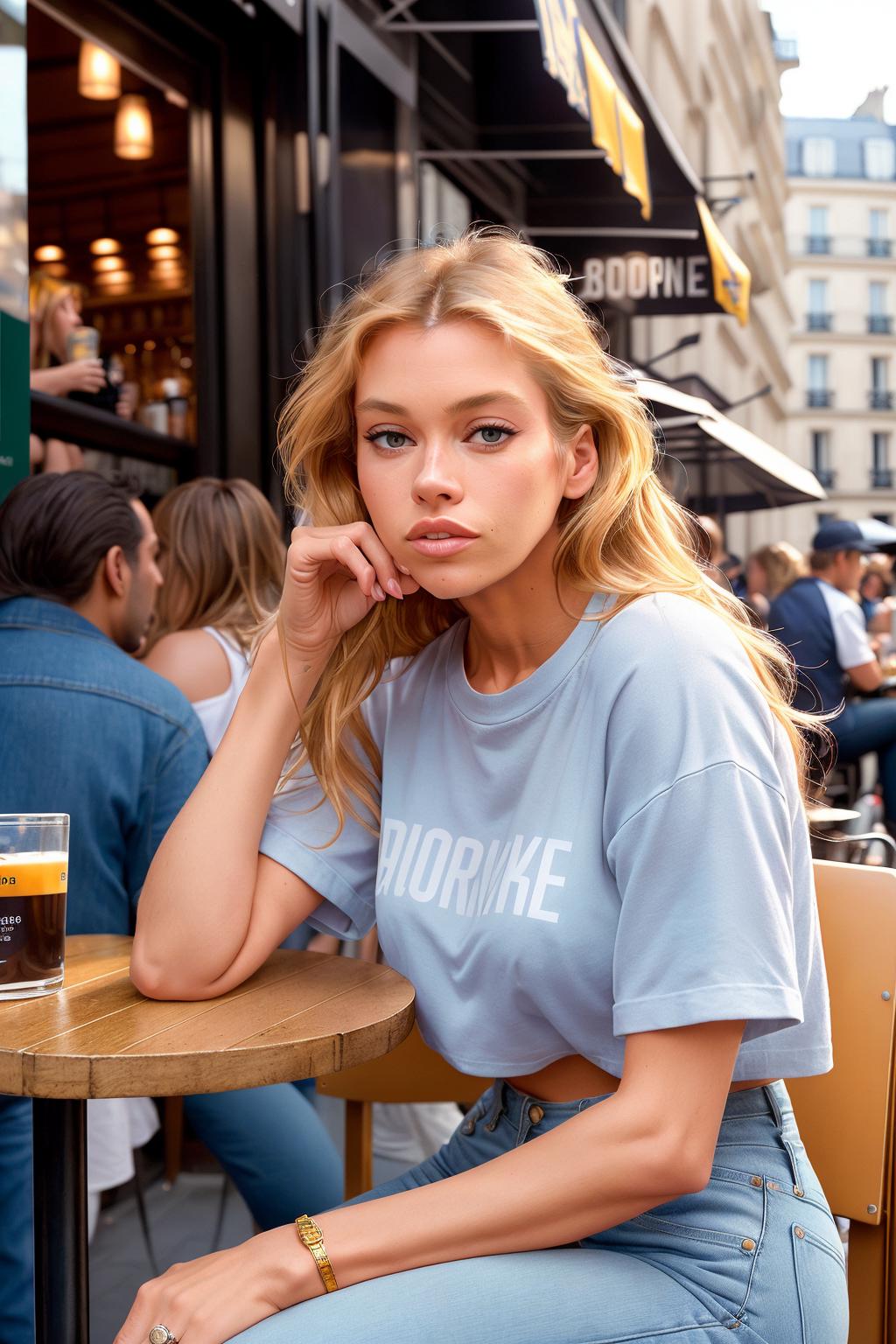 A beautiful blonde woman in a blue shirt poses for a picture at a cafe.