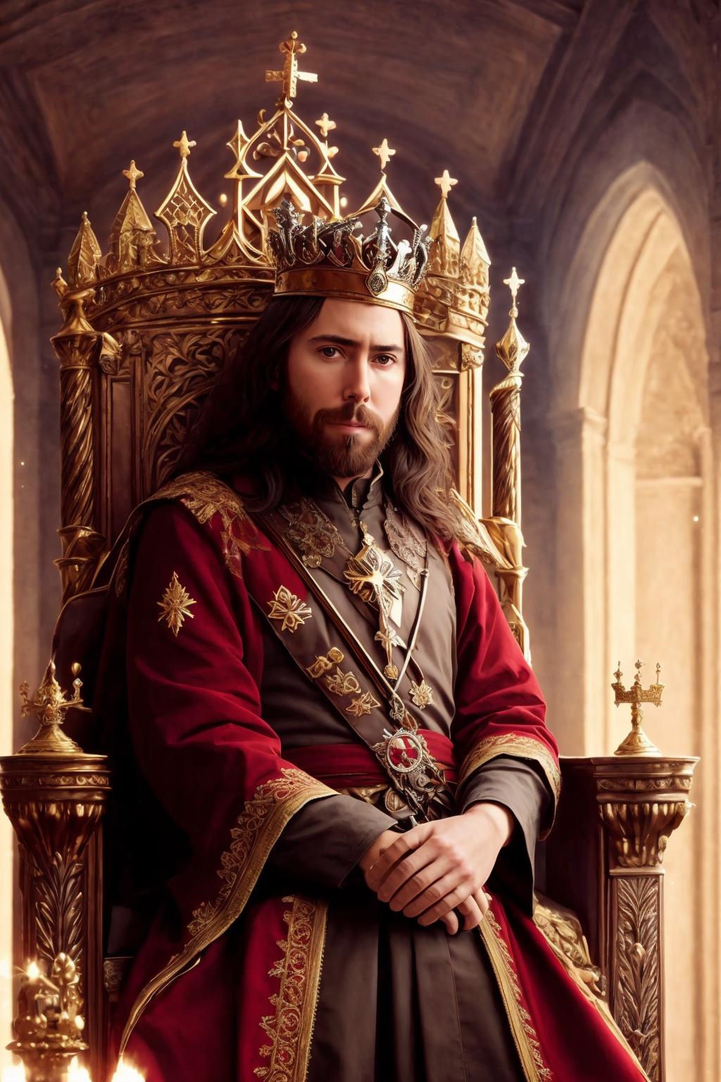A man wearing a crown and a beard sitting on a chair.