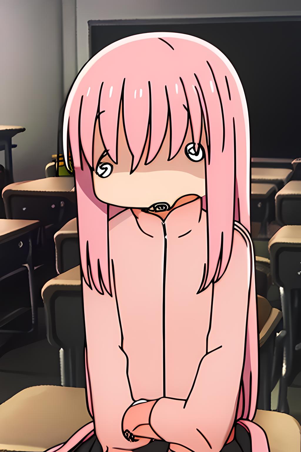 A cartoon girl with pink hair sitting in a classroom.