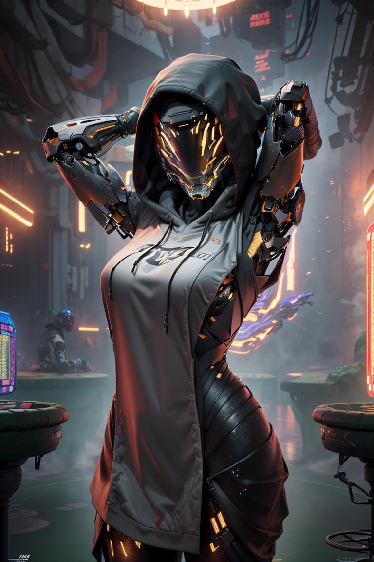 The image features a female character wearing a grey hoodie and black dress, standing in a futuristic setting with a neon background. The character appears to be a cyborg, and the scene is reminiscent of a video game or a sci-fi movie. The character is surrounded by various objects, including a dining table, chairs, and a TV. Another person can be seen in the background, likely in the same futuristic environment.